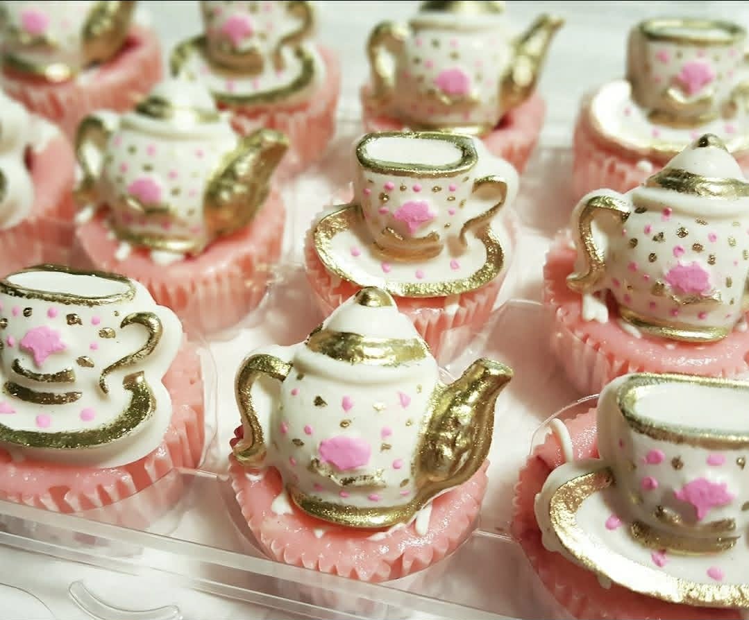 Decorative mini cheesecakes created for a tea-themed celebration